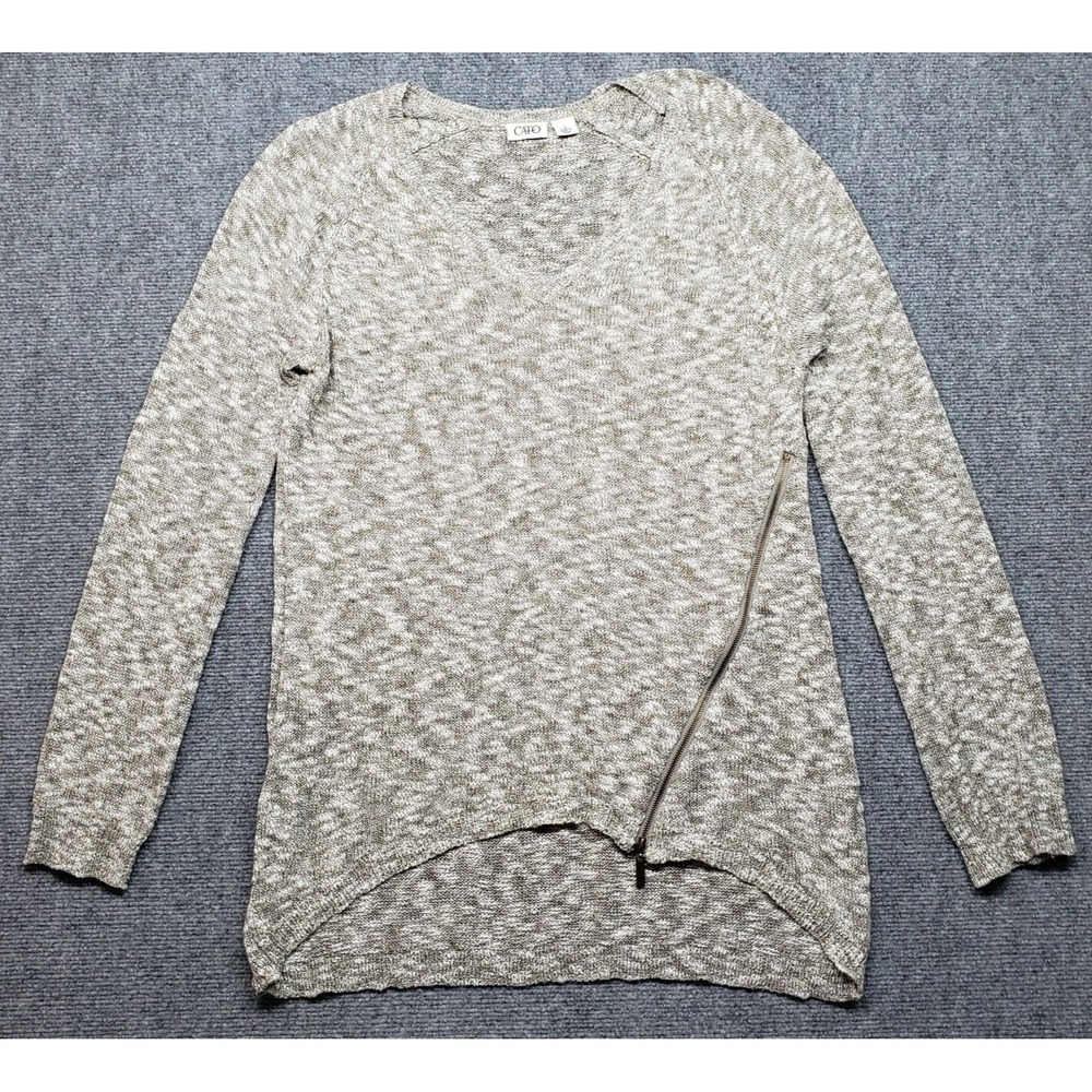 Cato Sweater Womens L Beige V-Neck Long Sleeve Side Zip Pullover Knit
